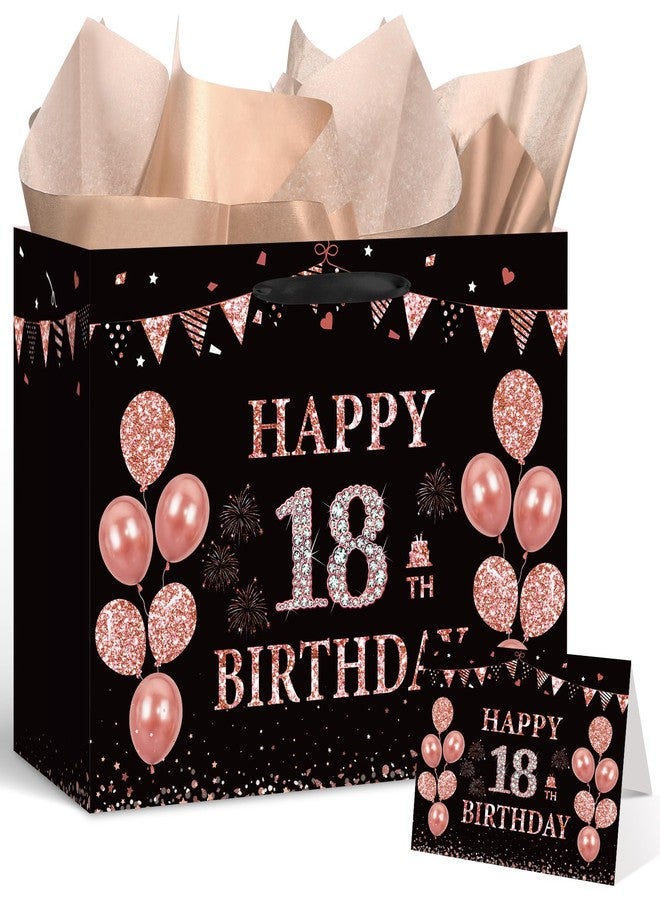 Yoirrat Black Rose Gold 18th Birthday Gift Bag with Greeting Card and Tissue Paper for Girls Rose Gold Happy 18th Birthday Gift Wrapping Bag for 18 Year Old Anniversary Party Christmas Decorations Supplies - Image 1